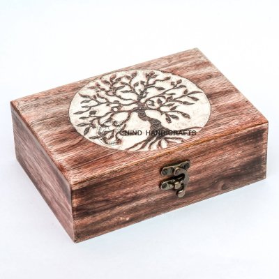 Mango Wood Antique Whitewashed Tree of life Jewelry Box Hind Handicrafts products
