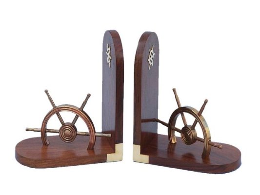 Sheesham Wood Brass Nautical Bookend Set - Wheel Hind Handicrafts products