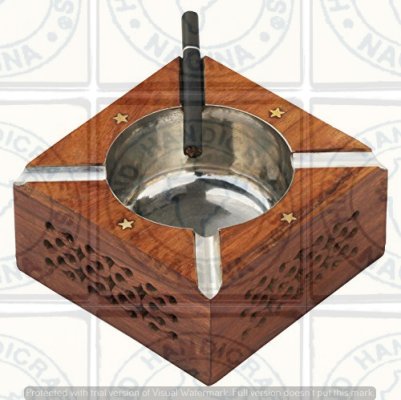 Handcrafted Sheesham Wood Ashtray with Steel Plate Hind Handicrafts products