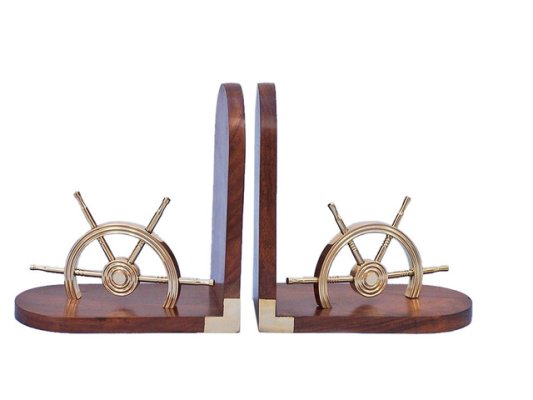 Sheesham Wood Brass Nautical Bookend Set - Wheel Hind Handicrafts products
