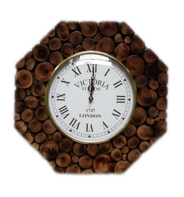 Teak Wood Sliced Roman Wall Clock - Octagon Hind Handicrafts products