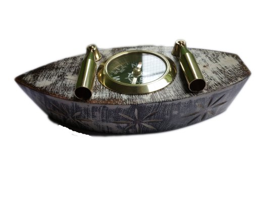 Antique Mango Wood Nautical Ship Shaped Pen Holder with Compass Hind Handicrafts products
